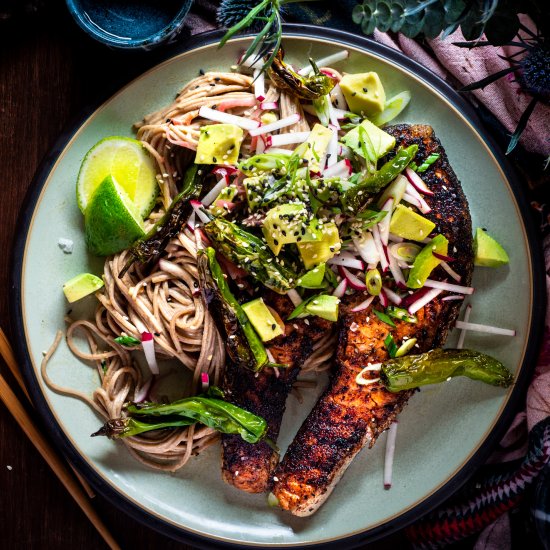 Honey Miso Salmon Steaks w/ Noodles