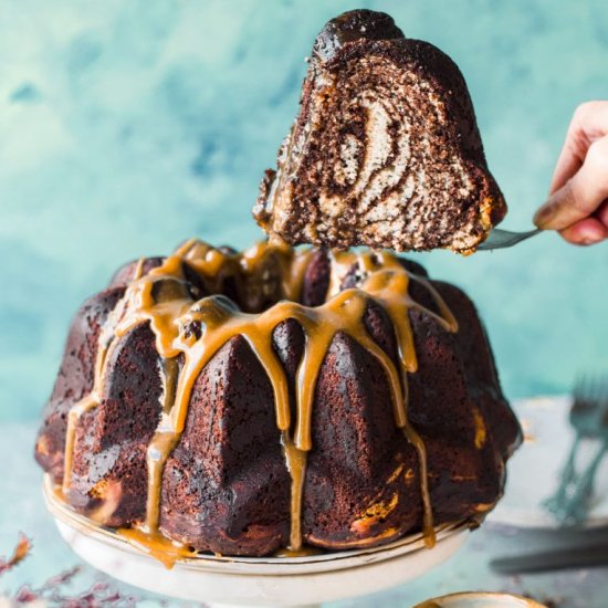 Vegan Zebra Bundt Cake with Caramel