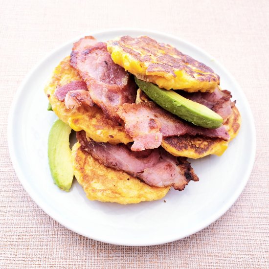 Sweet Potato Pancakes, Avo & Bacon