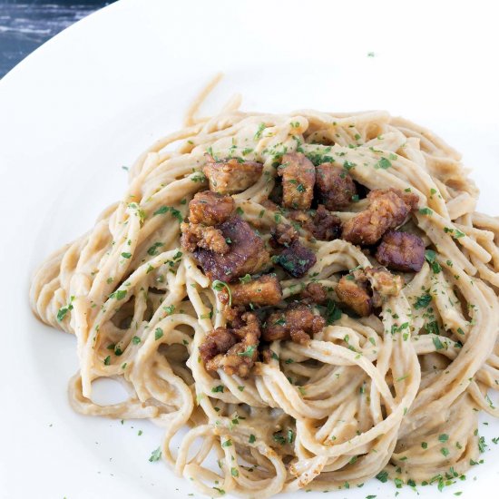 Vegan swede carbonara tempeh bacon