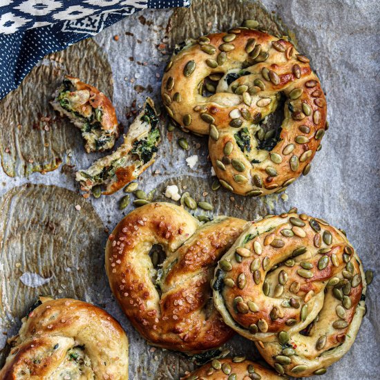 Soft Pretzels with Feta and Spinach