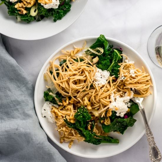 Pasta with Walnuts, Greens, Ricotta