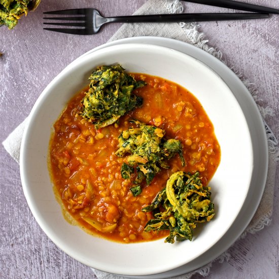 lentil dhal with spinach fritters