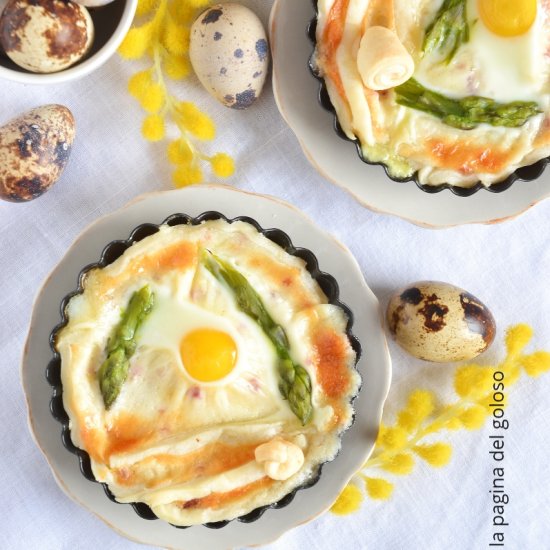 tart with asparagus and quaail eggs