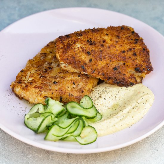 Harissa Crumbed Fish with Houmus