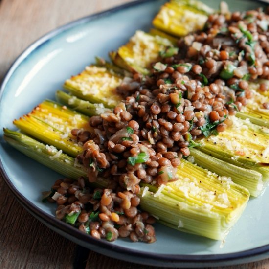 Baked Leeks with Tangy Lentils