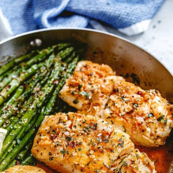 Garlic Butter Cod with Lemon Asparagus