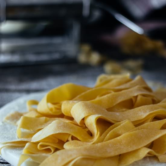 Homemade pappardelle with egg yolks