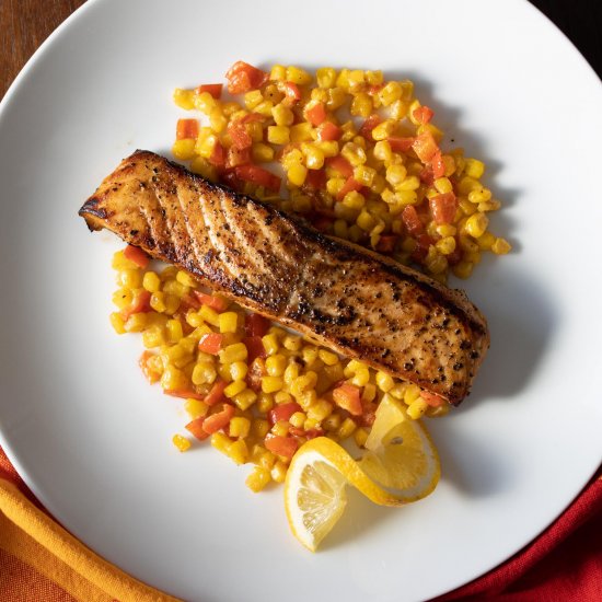 Pepper Crust Salmon w/ Creamed Corn