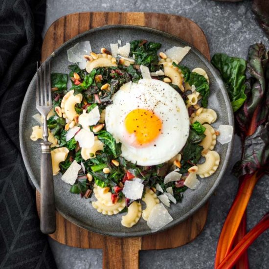 Swiss chard pasta with fried egg