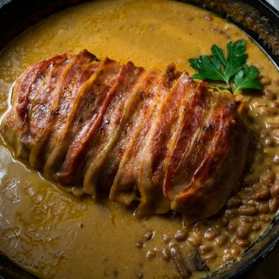 Bacon Wrapped Meatloaf with gravy