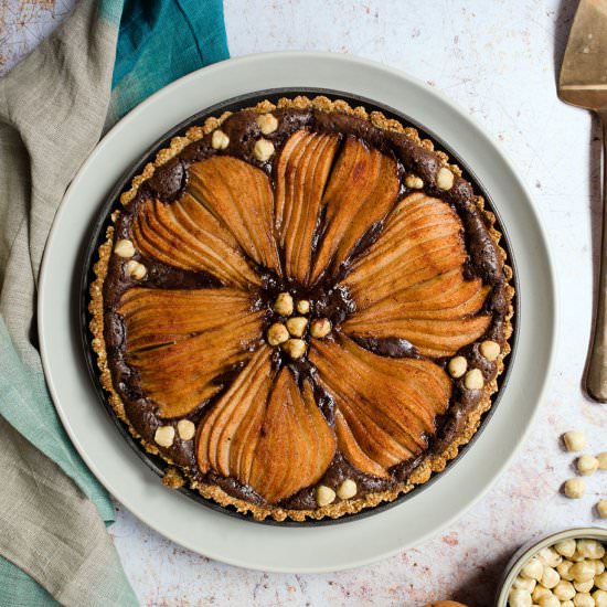 Pear chocolate hazelnut tart