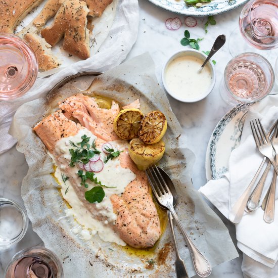 Roast salmon with shallot yoghurt