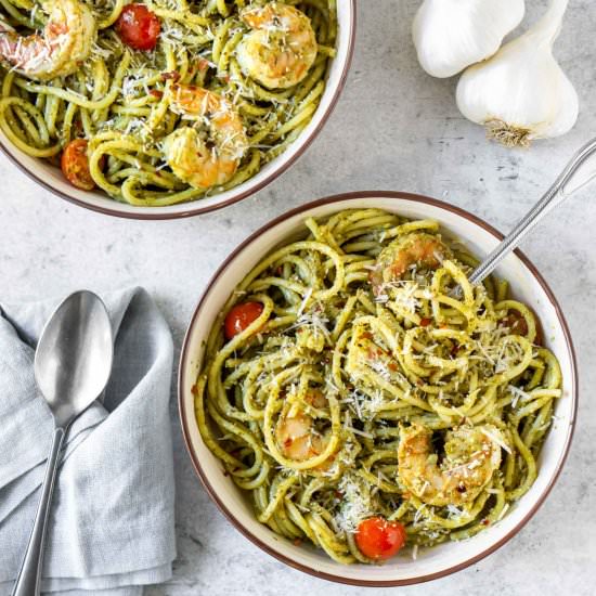 Creamy Basil Pesto Shrimp Pasta