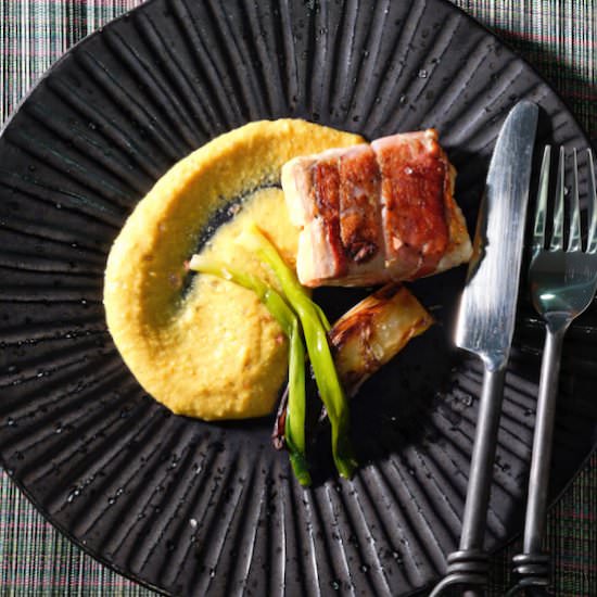 Salmon with charred corn puree