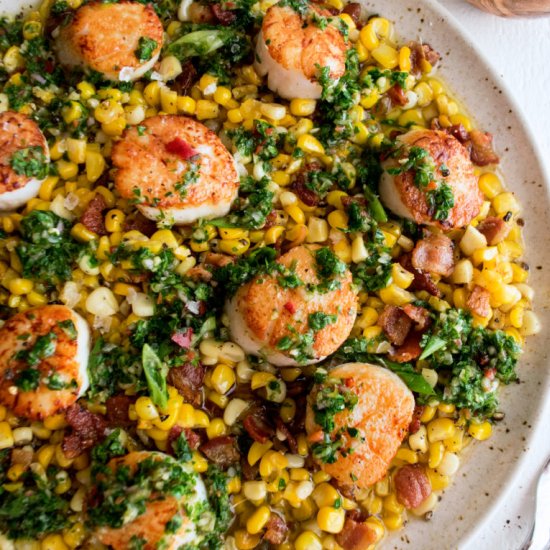 Scallops with Corn & Chimichurri