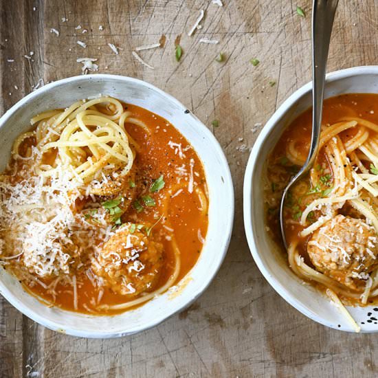 Tomato spaghetti and meatball soup