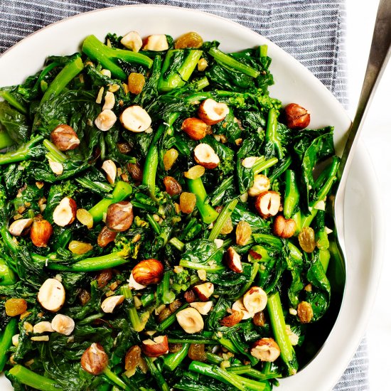 Rapini with Raisins and Hazelnuts