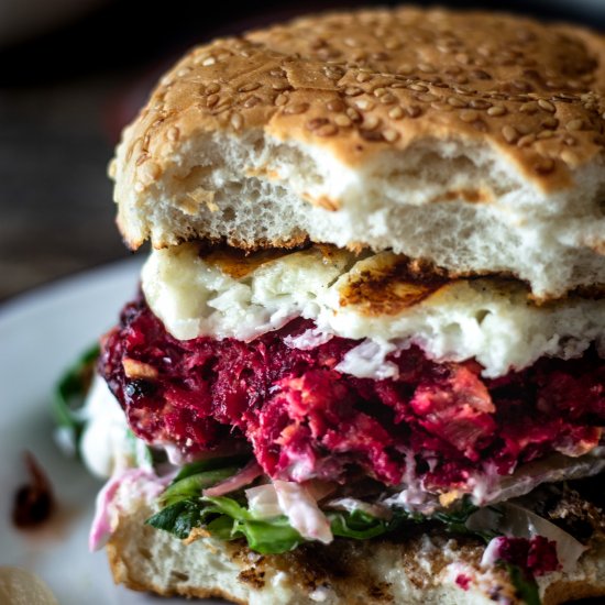 Beetroot burger with grilled cheese