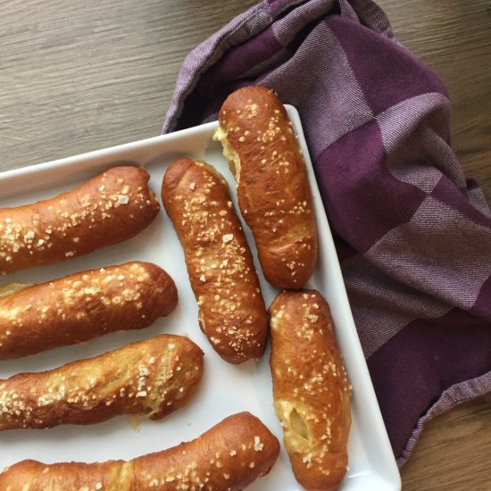 Cheese filled pretzel sticks