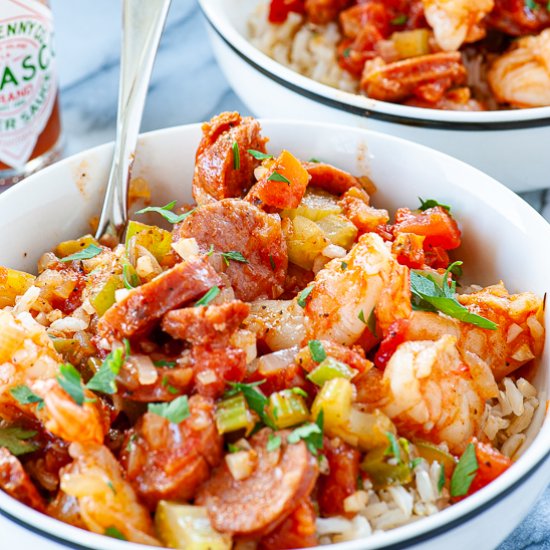 Jambalaya with sausage and shrimp