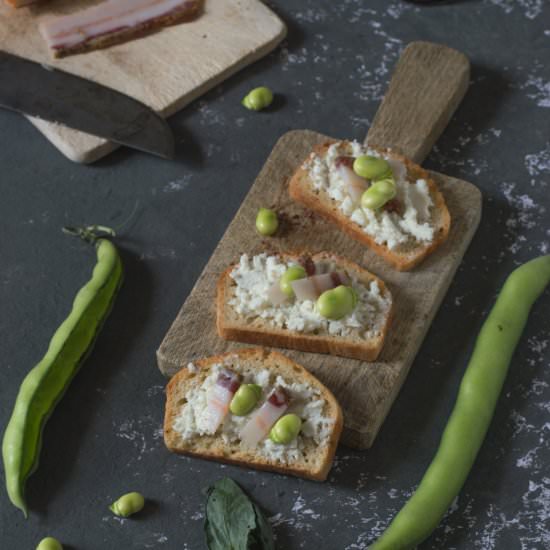 Bean boards and pancetta bruschetta