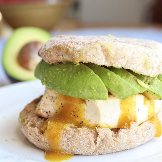 Vegan fried egg breakfast sandwich