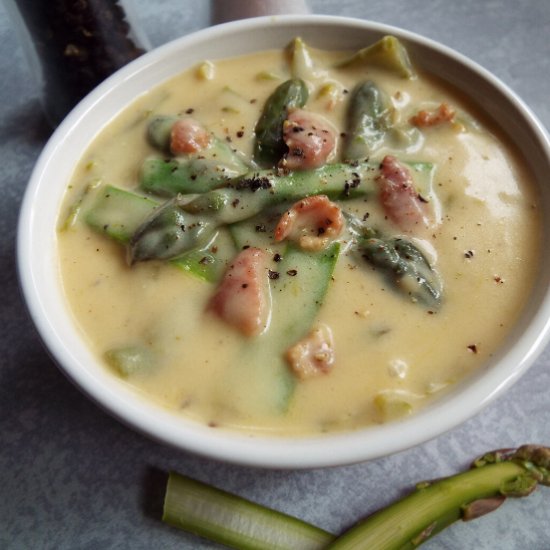 Cheesy Bacon, Shaved Asparagus Soup