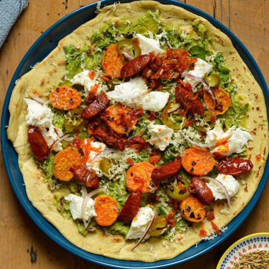 Sweet potato and chorizo tlayudas