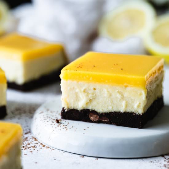 Lemon Curd Brownie Cheesecake Bars