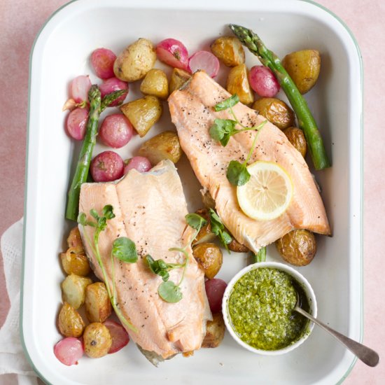 Trout tray bake with new potatoes