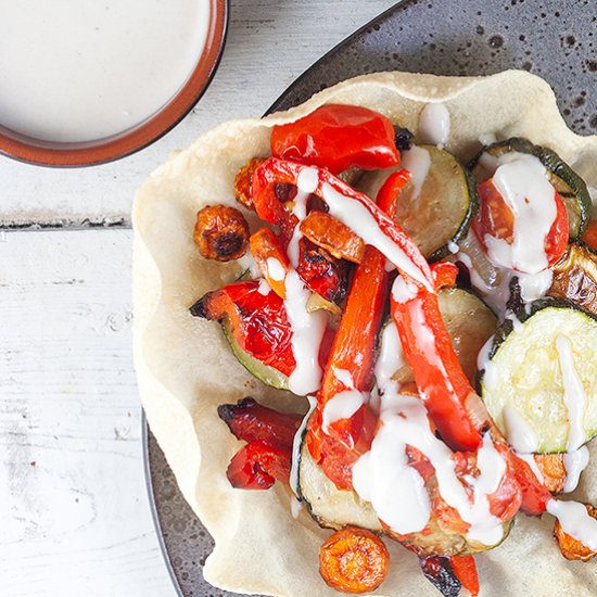 Roasted vegetables and tahini sauce