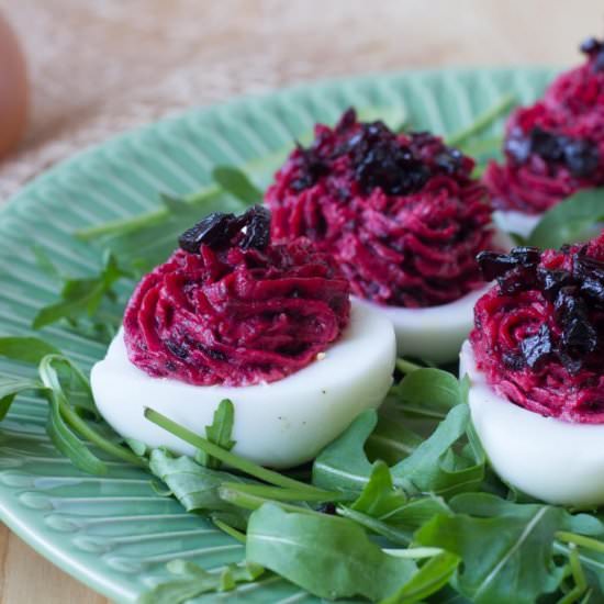 Beetroot stuffed eggs