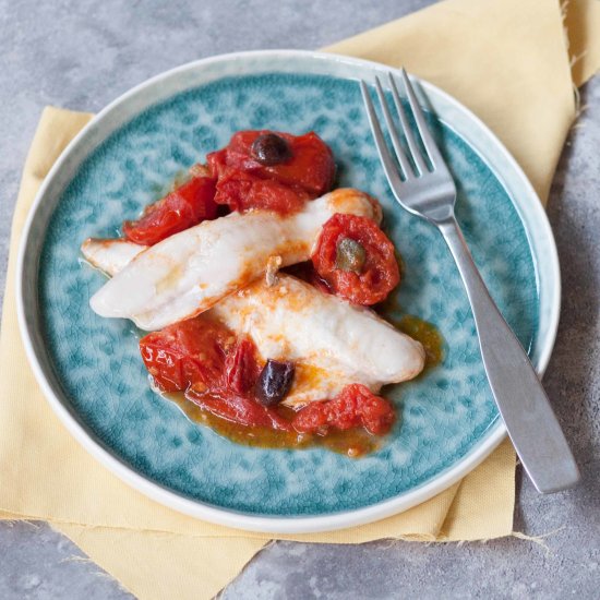 Gurnard with tomatoes and olives