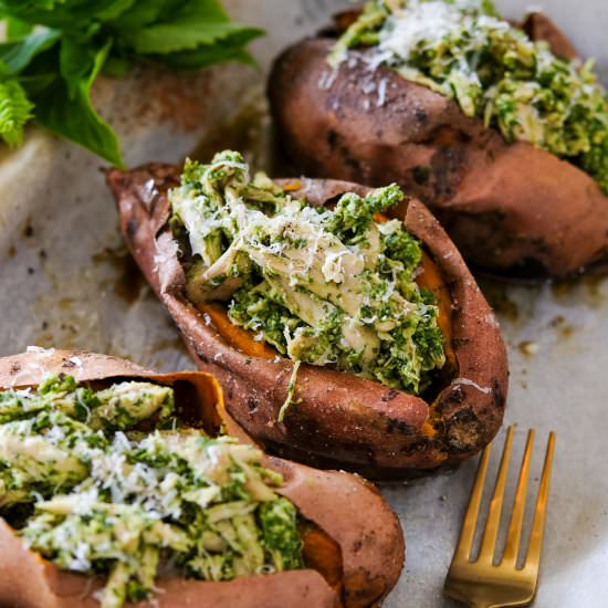 Pesto Chicken Stuffed Sweet Potato