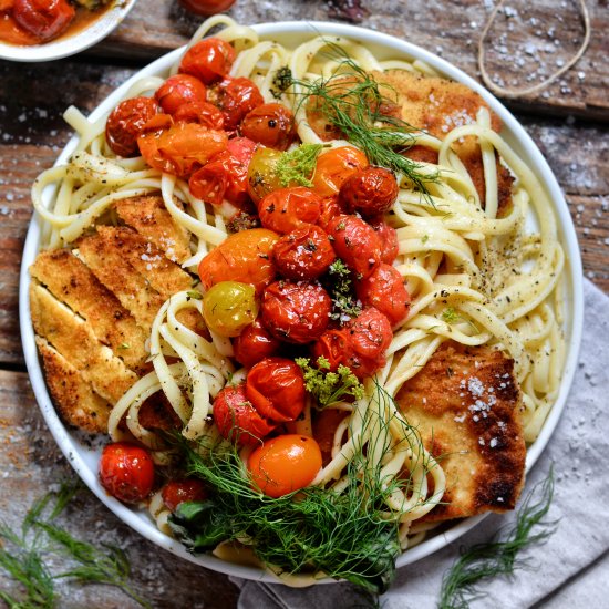 Vegan Milanese Tofu, Veggies, Pasta