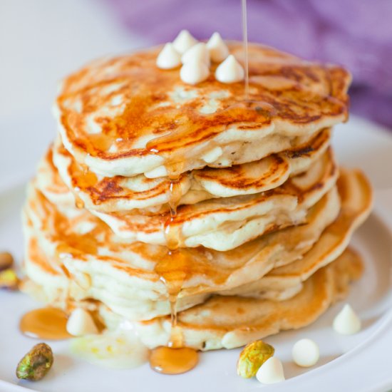 White Chocolate Pistachio Pancakes