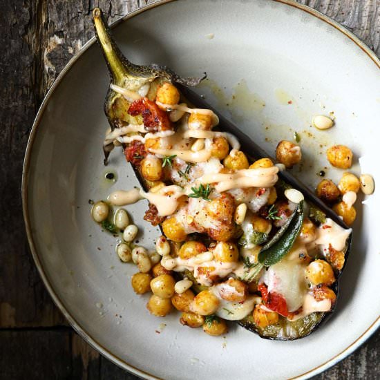 Roasted aubergine with chickpeas