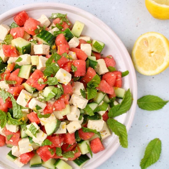 Watermelon salad with tofu-feta