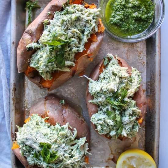 Pesto Chicken Stuffed Sweet Potatoes