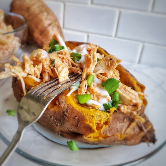 Buffalo Chicken Sweet Potatoes