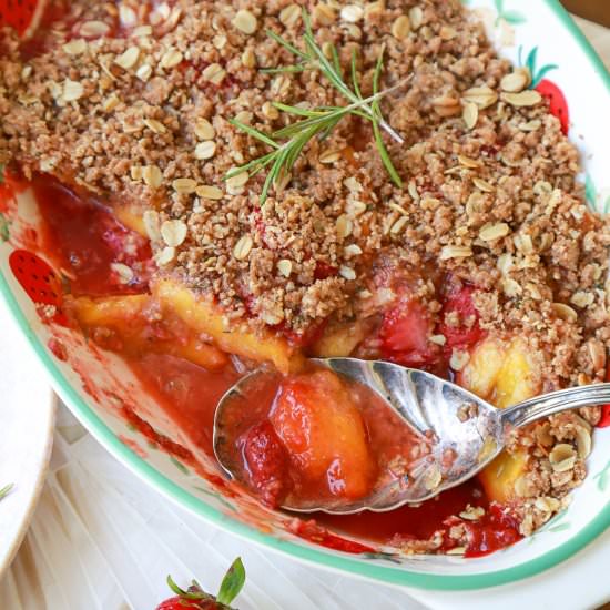 Peach and Strawberry Rosemary Crisp