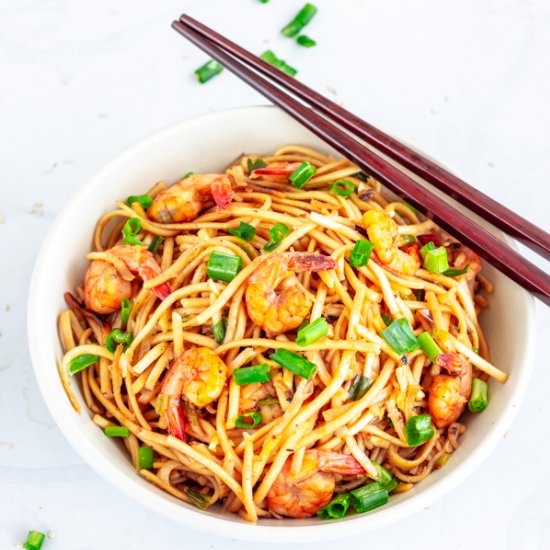 Garlic Shrimp Udon Noodles Stir Fry