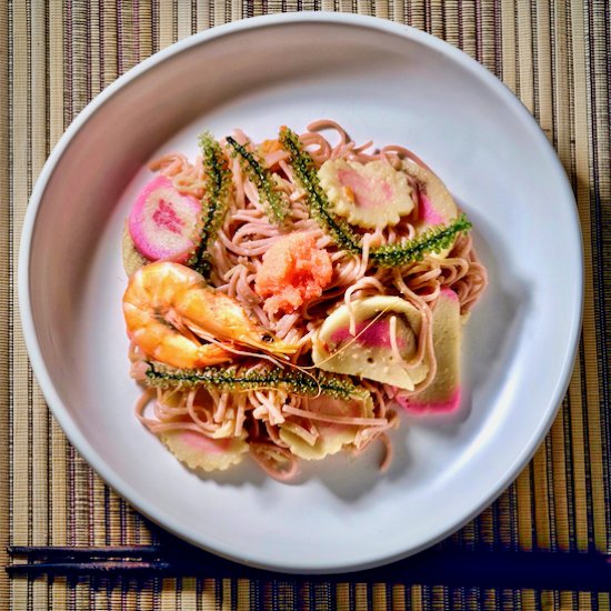 Pink soba and mentaiko