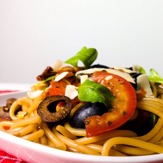 Mediterranean warm pasta salad