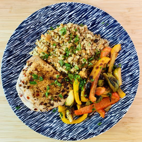 Harissa pork chops with lentils