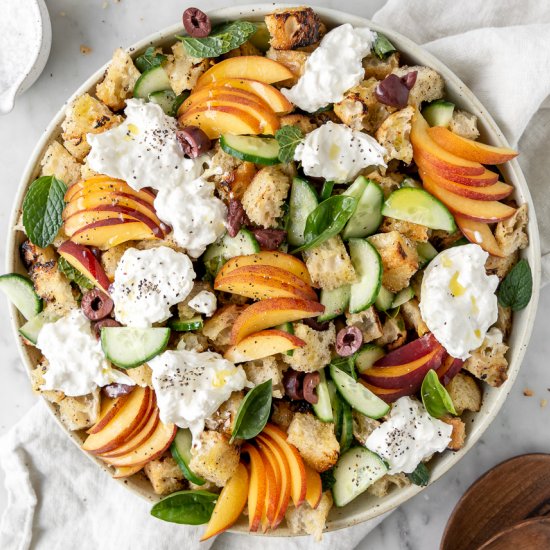 panzanella with peaches and burrata