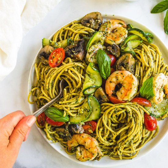 summer pesto pasta with shrimp