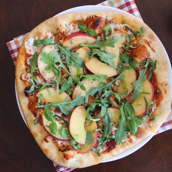 BBQ Peach, Arugula, and Basil Pizza