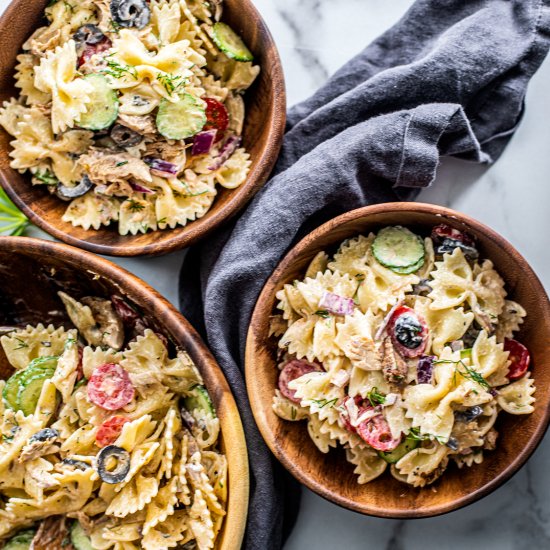 Creamy Greek Pasta Salad + Mackerel